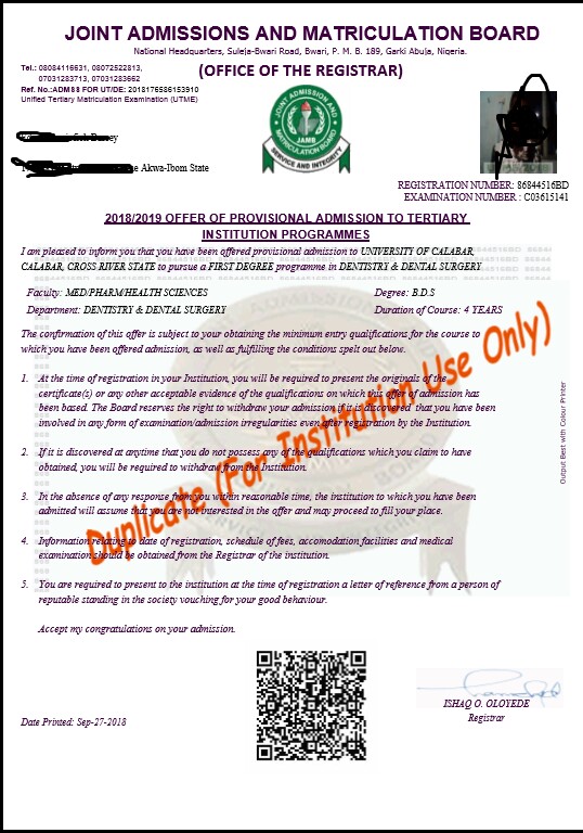 jamb admission letter