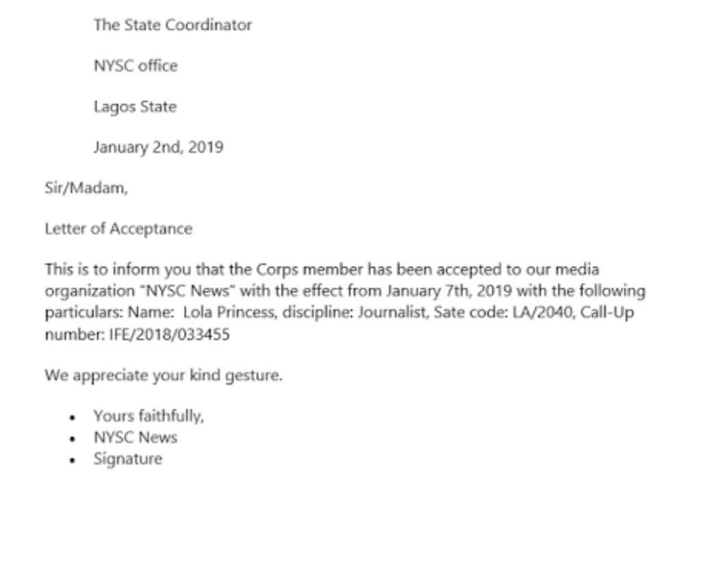 nysc application letter format